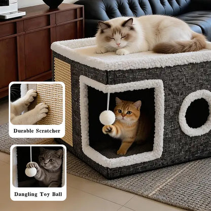 Premium Soft Plush Large Cat Bed for Indoor Use - Foldable Hideaway with Sisal Scratch Pad and Hanging Fluffy Ball, 16.5" x 16.5" x 14", Grey, Supports Up to 44 lbs for Scratching, Sleeping, and Playing