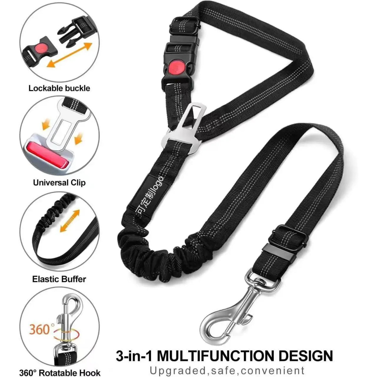 Dog Car Seat Belt - Enhanced Elastic Cushioning 3-in-1 Multifunctional Pet Safety Leash with Reflective Nylon, Adjustable Restraint Strap, 360° Rotating Metal Buckle, and Universal Car Clip for Medium Dogs, Perfect for Long Journeys and Camping