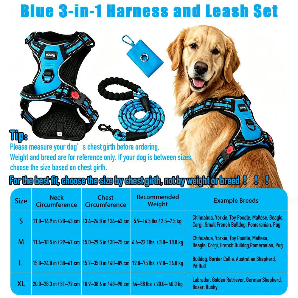 HELETY 3-Piece Adjustable No-Pull Dog Harness Set for Outdoor Activities - Reflective Vest, Leash, Waste Bag Holder, Back Clip, Dual Clips, Sizes S–XL