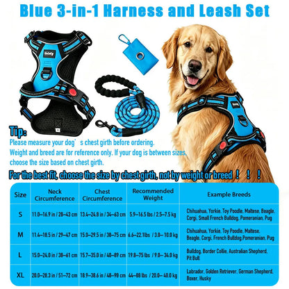 HELETY 3-Piece Adjustable No-Pull Dog Harness Set for Outdoor Activities - Reflective Vest, Leash, Waste Bag Holder, Back Clip, Dual Clips, Sizes S–XL