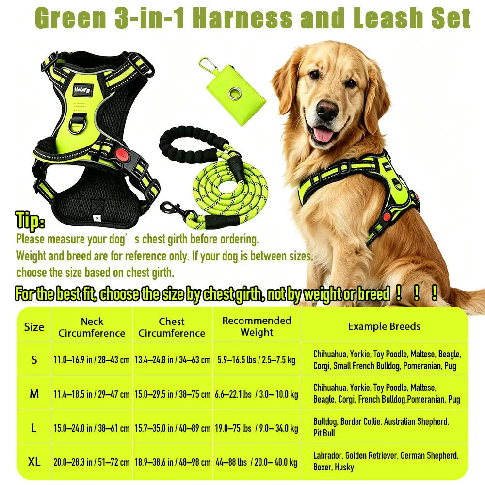 HELETY 3-Piece Adjustable No-Pull Dog Harness Set for Outdoor Activities - Reflective Vest, Leash, Waste Bag Holder, Back Clip, Dual Clips, Sizes S–XL