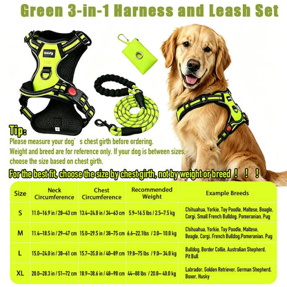 HELETY 3-Piece Adjustable No-Pull Dog Harness Set for Outdoor Activities - Reflective Vest, Leash, Waste Bag Holder, Back Clip, Dual Clips, Sizes S–XL