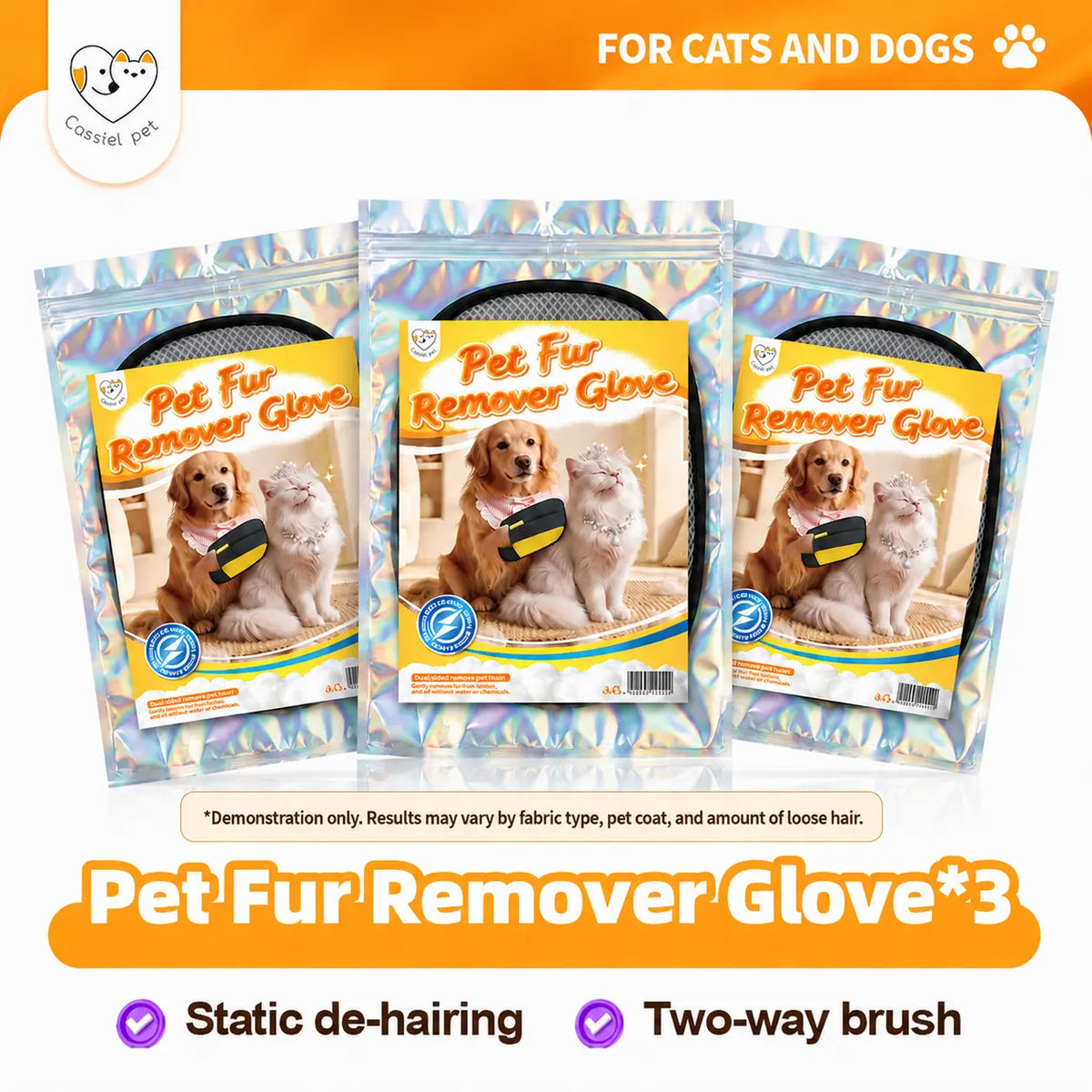 Cassiel-Pet Professional Pet Hair Removal Grooming Gloves for Cats and Dogs, Electrostatic Cleaner for Furniture, Carpets, and Car Seats, Reusable Design