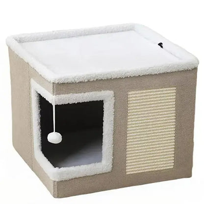 Premium Soft Plush Large Cat Bed for Indoor Use - Foldable Hideaway with Sisal Scratch Pad and Hanging Fluffy Ball, 16.5" x 16.5" x 14", Grey, Supports Up to 44 lbs for Scratching, Sleeping, and Playing