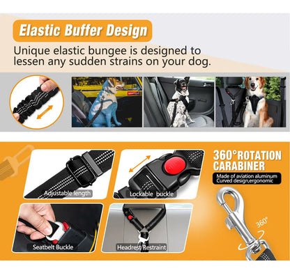 Dog Car Seat Belt - Enhanced Elastic Cushioning 3-in-1 Multifunctional Pet Safety Leash with Reflective Nylon, Adjustable Restraint Strap, 360° Rotating Metal Buckle, and Universal Car Clip for Medium Dogs, Perfect for Long Journeys and Camping