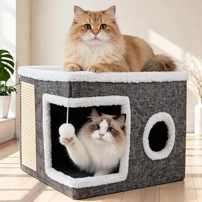 Premium Soft Plush Large Cat Bed for Indoor Use - Foldable Hideaway with Sisal Scratch Pad and Hanging Fluffy Ball, 16.5" x 16.5" x 14", Grey, Supports Up to 44 lbs for Scratching, Sleeping, and Playing