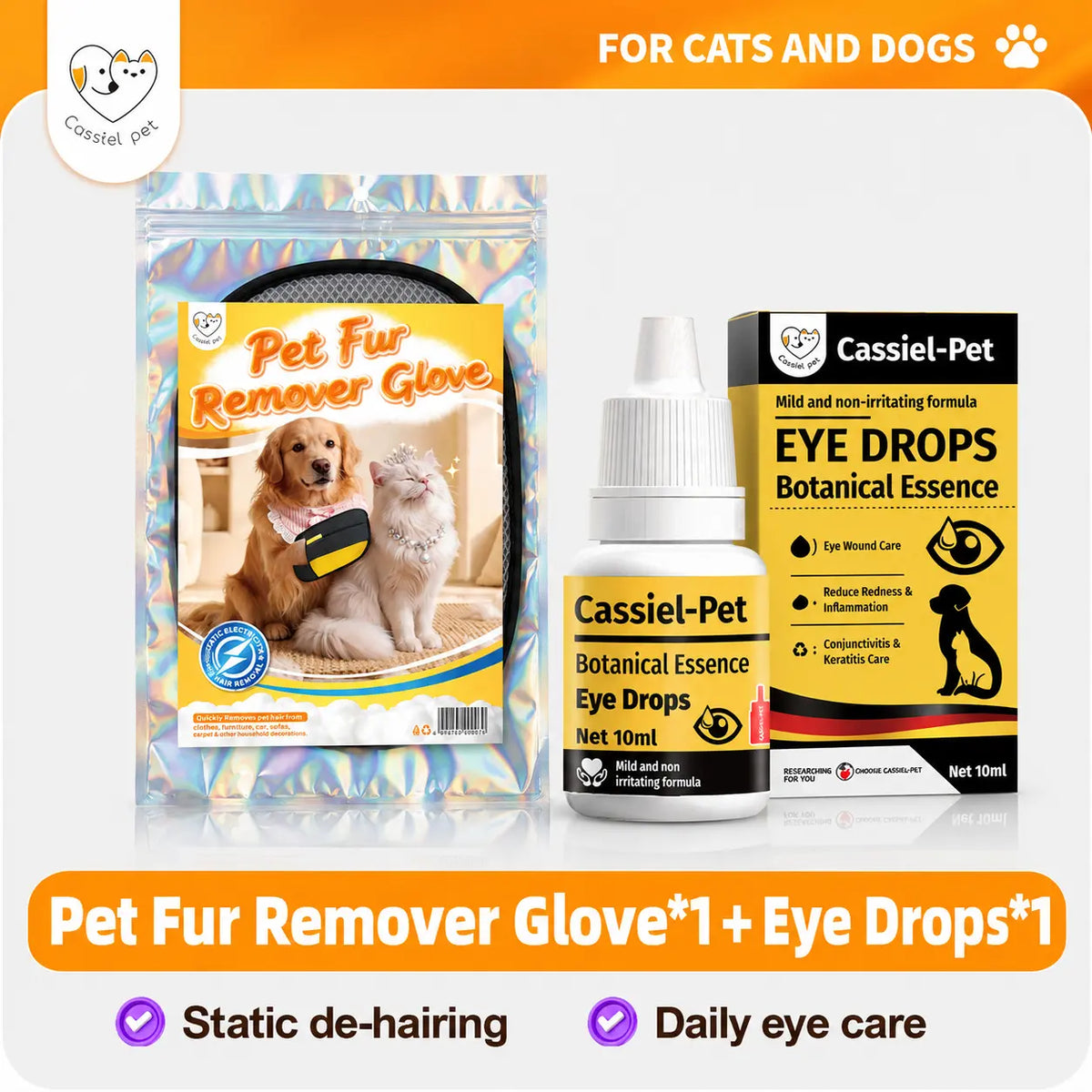 Cassiel-Pet Professional Pet Hair Removal Grooming Gloves for Cats and Dogs, Electrostatic Cleaner for Furniture, Carpets, and Car Seats, Reusable Design