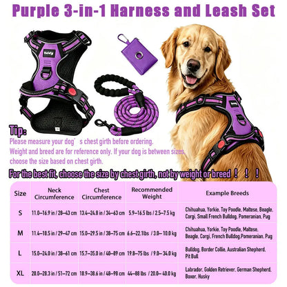 HELETY 3-Piece Adjustable No-Pull Dog Harness Set for Outdoor Activities - Reflective Vest, Leash, Waste Bag Holder, Back Clip, Dual Clips, Sizes S–XL
