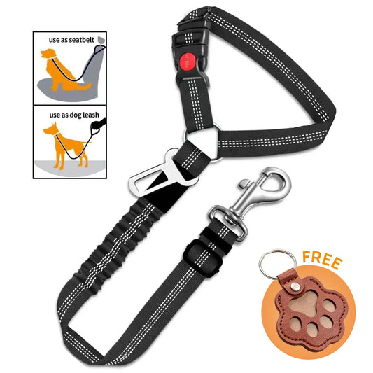 Dog Car Seat Belt - Enhanced Elastic Cushioning 3-in-1 Multifunctional Pet Safety Leash with Reflective Nylon, Adjustable Restraint Strap, 360° Rotating Metal Buckle, and Universal Car Clip for Medium Dogs, Perfect for Long Journeys and Camping