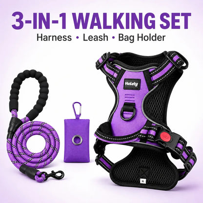 HELETY 3-Piece Adjustable No-Pull Dog Harness Set for Outdoor Activities - Reflective Vest, Leash, Waste Bag Holder, Back Clip, Dual Clips, Sizes S–XL