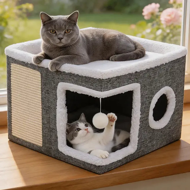 Premium Soft Plush Large Cat Bed for Indoor Use - Foldable Hideaway with Sisal Scratch Pad and Hanging Fluffy Ball, 16.5" x 16.5" x 14", Grey, Supports Up to 44 lbs for Scratching, Sleeping, and Playing