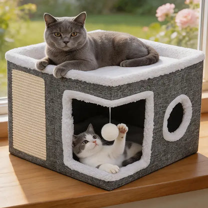 Premium Soft Plush Large Cat Bed for Indoor Use - Foldable Hideaway with Sisal Scratch Pad and Hanging Fluffy Ball, 16.5" x 16.5" x 14", Grey, Supports Up to 44 lbs for Scratching, Sleeping, and Playing