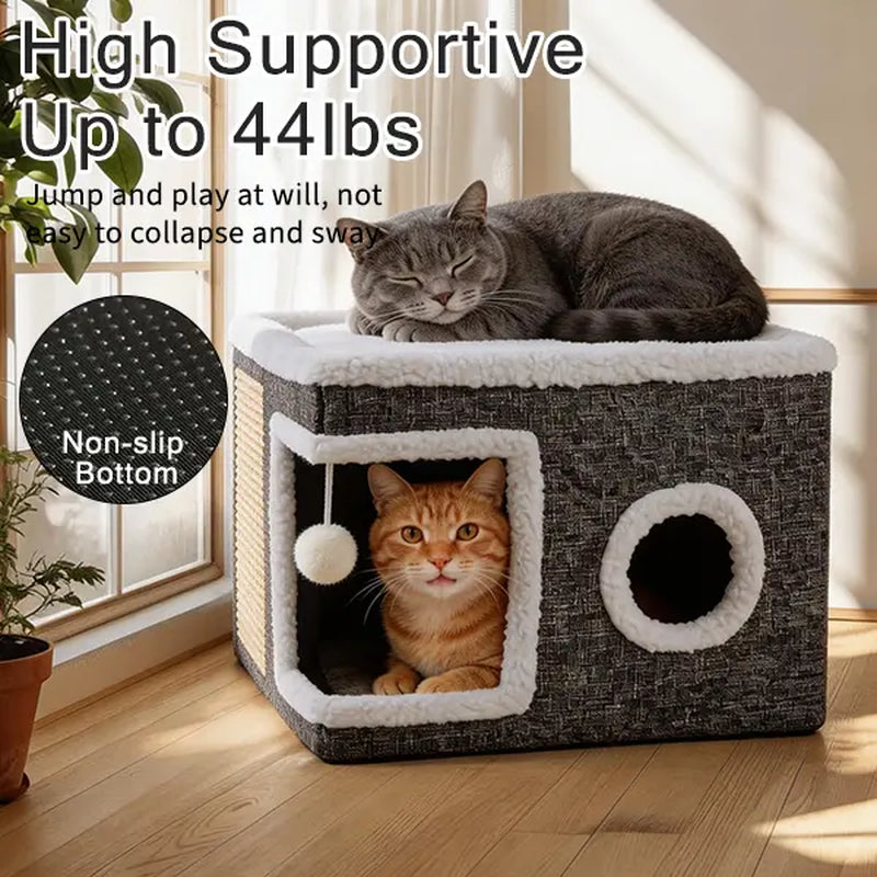 Premium Soft Plush Large Cat Bed for Indoor Use - Foldable Hideaway with Sisal Scratch Pad and Hanging Fluffy Ball, 16.5" x 16.5" x 14", Grey, Supports Up to 44 lbs for Scratching, Sleeping, and Playing