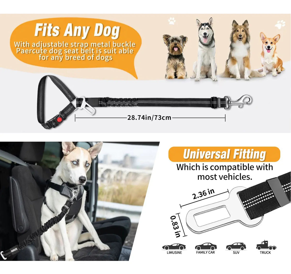 Dog Car Seat Belt - Enhanced Elastic Cushioning 3-in-1 Multifunctional Pet Safety Leash with Reflective Nylon, Adjustable Restraint Strap, 360° Rotating Metal Buckle, and Universal Car Clip for Medium Dogs, Perfect for Long Journeys and Camping