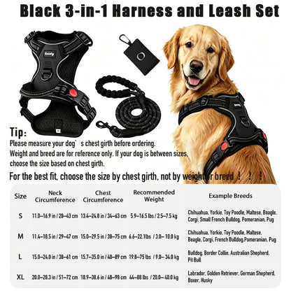 HELETY 3-Piece Adjustable No-Pull Dog Harness Set for Outdoor Activities - Reflective Vest, Leash, Waste Bag Holder, Back Clip, Dual Clips, Sizes S–XL