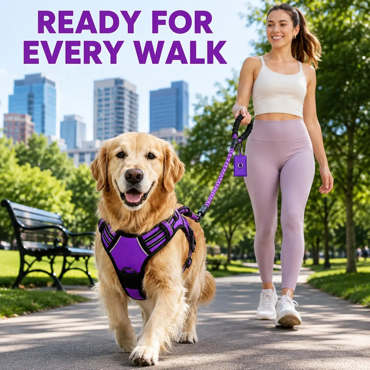 HELETY 3-Piece Adjustable No-Pull Dog Harness Set for Outdoor Activities - Reflective Vest, Leash, Waste Bag Holder, Back Clip, Dual Clips, Sizes S–XL