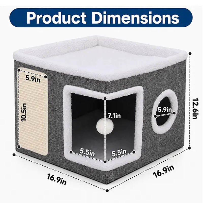 Premium Soft Plush Large Cat Bed for Indoor Use - Foldable Hideaway with Sisal Scratch Pad and Hanging Fluffy Ball, 16.5" x 16.5" x 14", Grey, Supports Up to 44 lbs for Scratching, Sleeping, and Playing