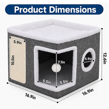 Premium Soft Plush Large Cat Bed for Indoor Use - Foldable Hideaway with Sisal Scratch Pad and Hanging Fluffy Ball, 16.5" x 16.5" x 14", Grey, Supports Up to 44 lbs for Scratching, Sleeping, and Playing