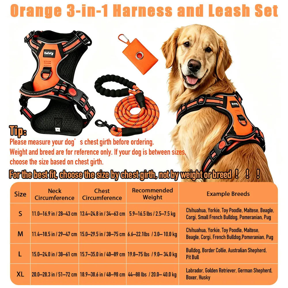 HELETY 3-Piece Adjustable No-Pull Dog Harness Set for Outdoor Activities - Reflective Vest, Leash, Waste Bag Holder, Back Clip, Dual Clips, Sizes S–XL