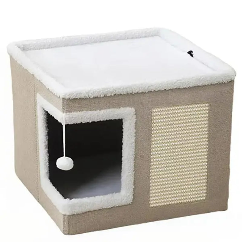 Premium Soft Plush Large Cat Bed for Indoor Use - Foldable Hideaway with Sisal Scratch Pad and Hanging Fluffy Ball, 16.5" x 16.5" x 14", Grey, Supports Up to 44 lbs for Scratching, Sleeping, and Playing