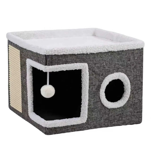 Premium Soft Plush Large Cat Bed for Indoor Use - Foldable Hideaway with Sisal Scratch Pad and Hanging Fluffy Ball, 16.5" x 16.5" x 14", Grey, Supports Up to 44 lbs for Scratching, Sleeping, and Playing