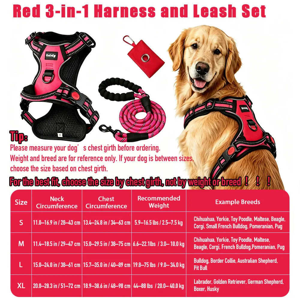 HELETY 3-Piece Adjustable No-Pull Dog Harness Set for Outdoor Activities - Reflective Vest, Leash, Waste Bag Holder, Back Clip, Dual Clips, Sizes S–XL