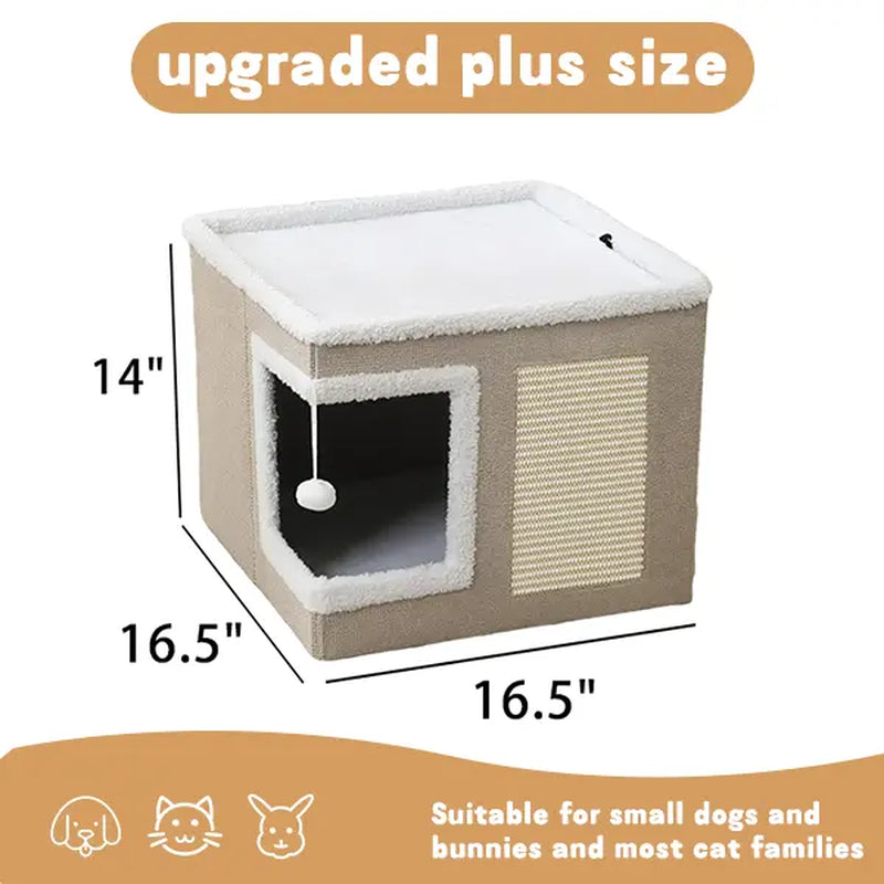 Premium Soft Plush Large Cat Bed for Indoor Use - Foldable Hideaway with Sisal Scratch Pad and Hanging Fluffy Ball, 16.5" x 16.5" x 14", Grey, Supports Up to 44 lbs for Scratching, Sleeping, and Playing