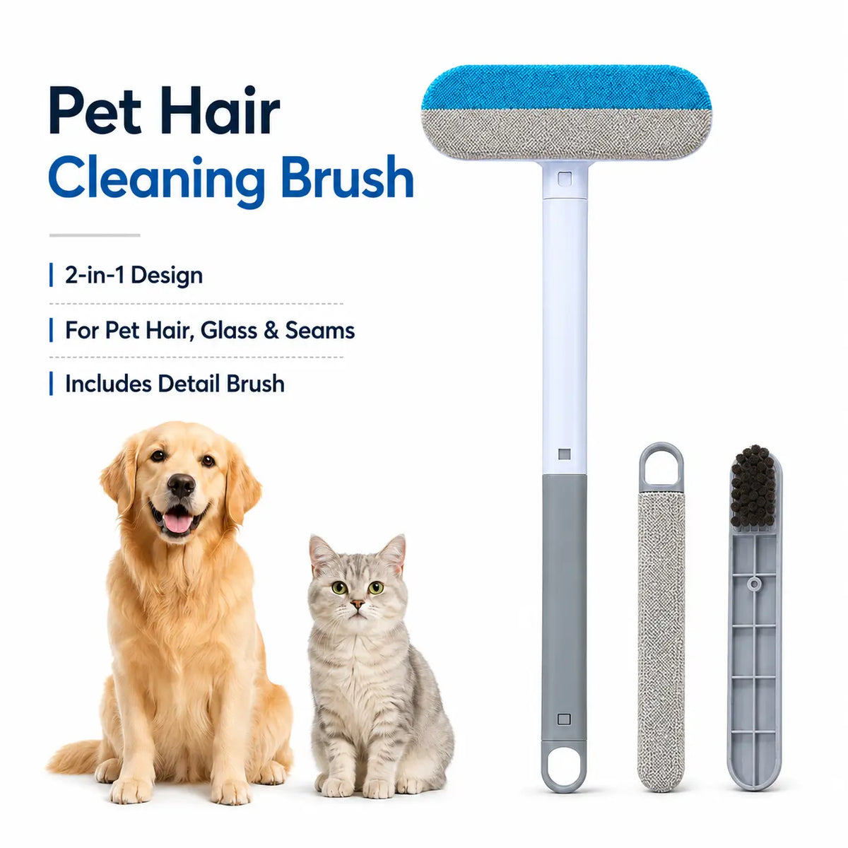 Professional Pet Hair Removal Brush Set for Upholstery, Carpets, and Clothing - Reusable Lint Brush with Extended Handle, Includes Two Brushes