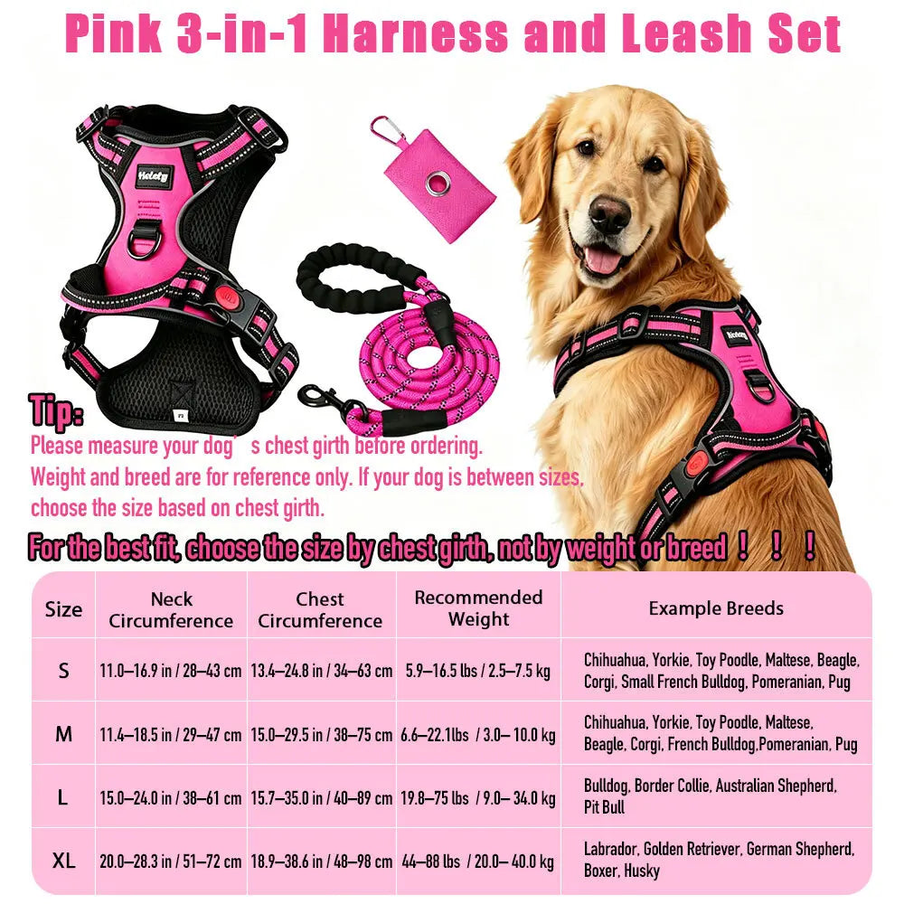 HELETY 3-Piece Adjustable No-Pull Dog Harness Set for Outdoor Activities - Reflective Vest, Leash, Waste Bag Holder, Back Clip, Dual Clips, Sizes S–XL